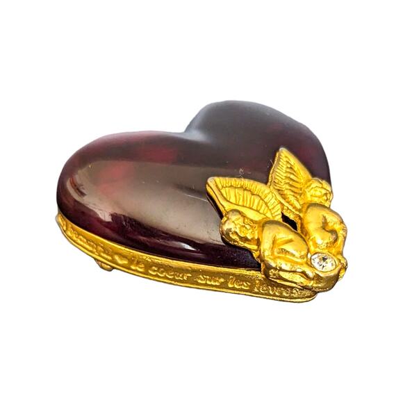 Vintage Givenchy Cherub Lucite Heart Brooch Jewelry RARE Rhinestone Pin Gold Red - Picture 2 of 14